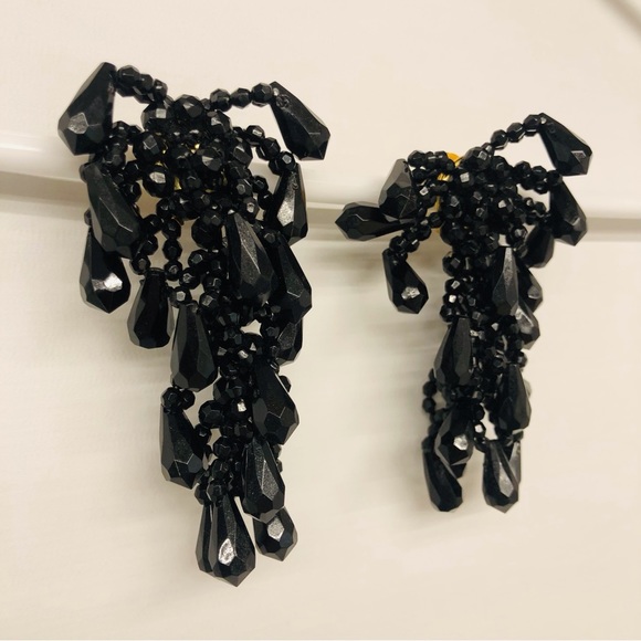 Black Beaded Clip On Dangle Earrings - Picture 11 of 16